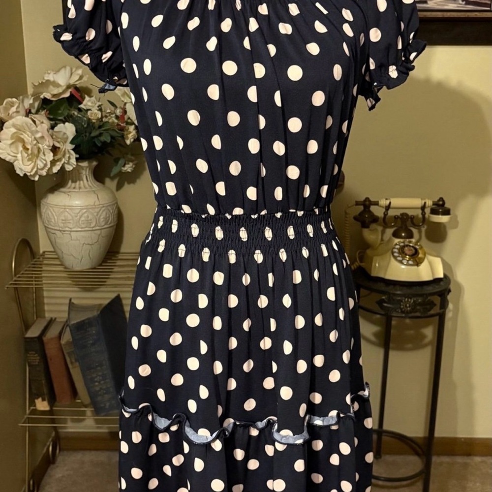 Enfocus Studio Navy and Cream Polka Dot Midi Dress